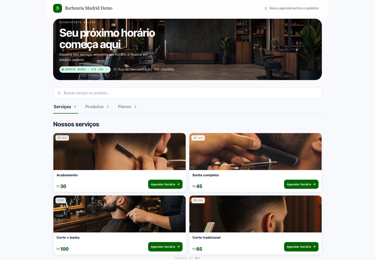 Página pública real da Barbearia Madrid Demo com serviços