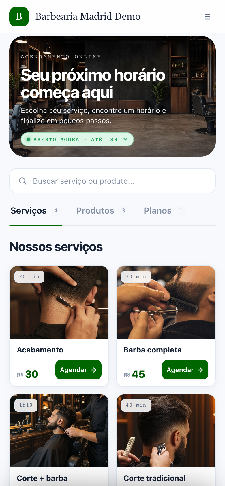 Mini site real da Barbearia Madrid Demo com serviços no celular